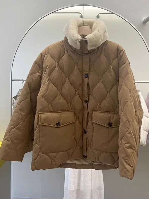 

2025 Winter Fashion Women's Down Jacket Commuter High Collar Splicing Workwear Jacket