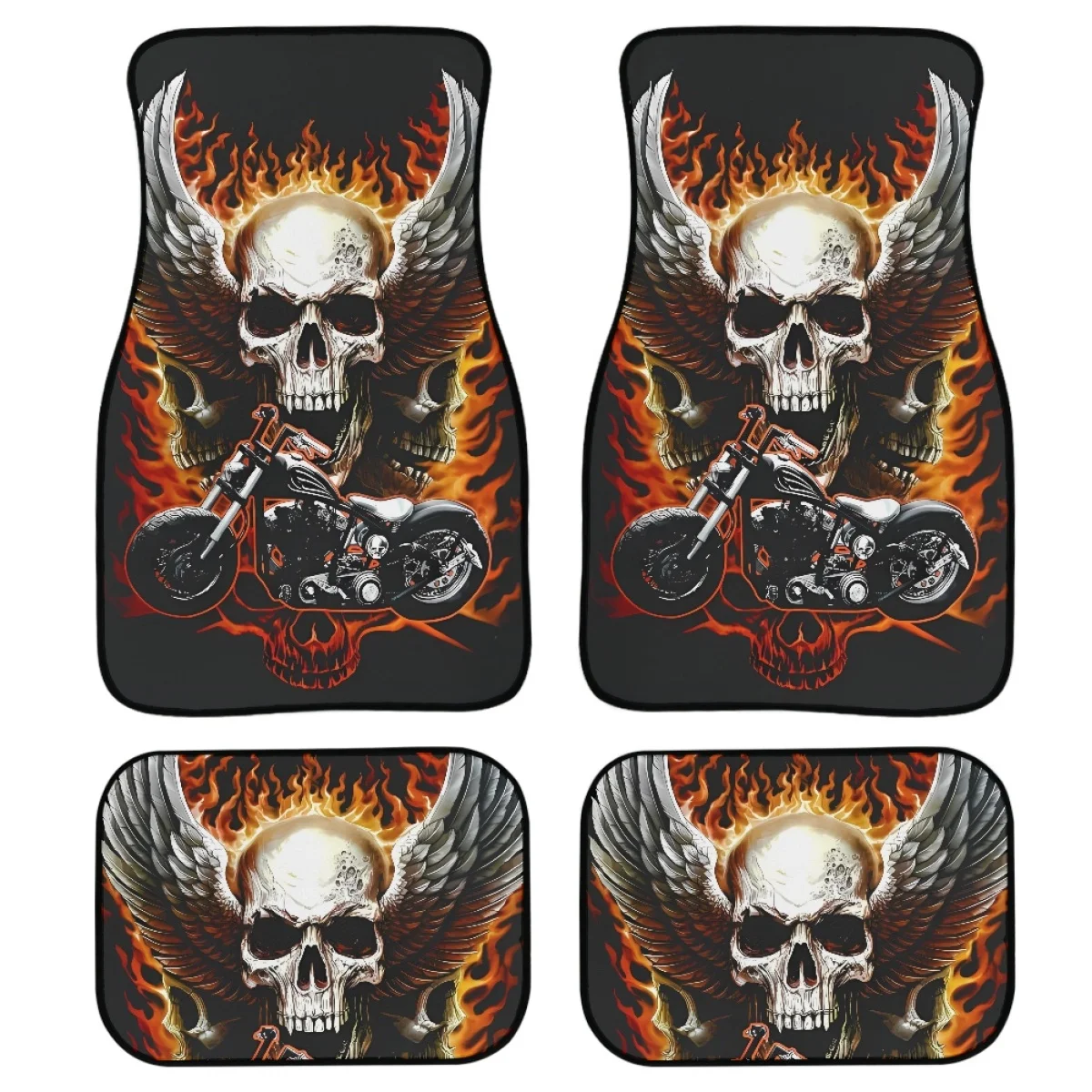 4Pcs Set Car Floor Mats Awesome Skull Motorcycle Car Accessories for Women Men Dirt Resistant Waterproof Front Back Carpet Rug