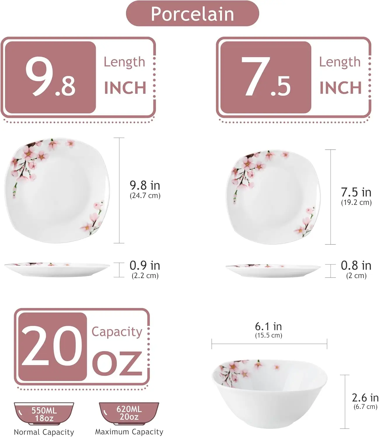 VEWEET Plates and Bowls Sets for 4, Porcelain Dinnerware Sets with Pink Floral, 12 PCS Dish Set Including Dinner Plates, Dessert