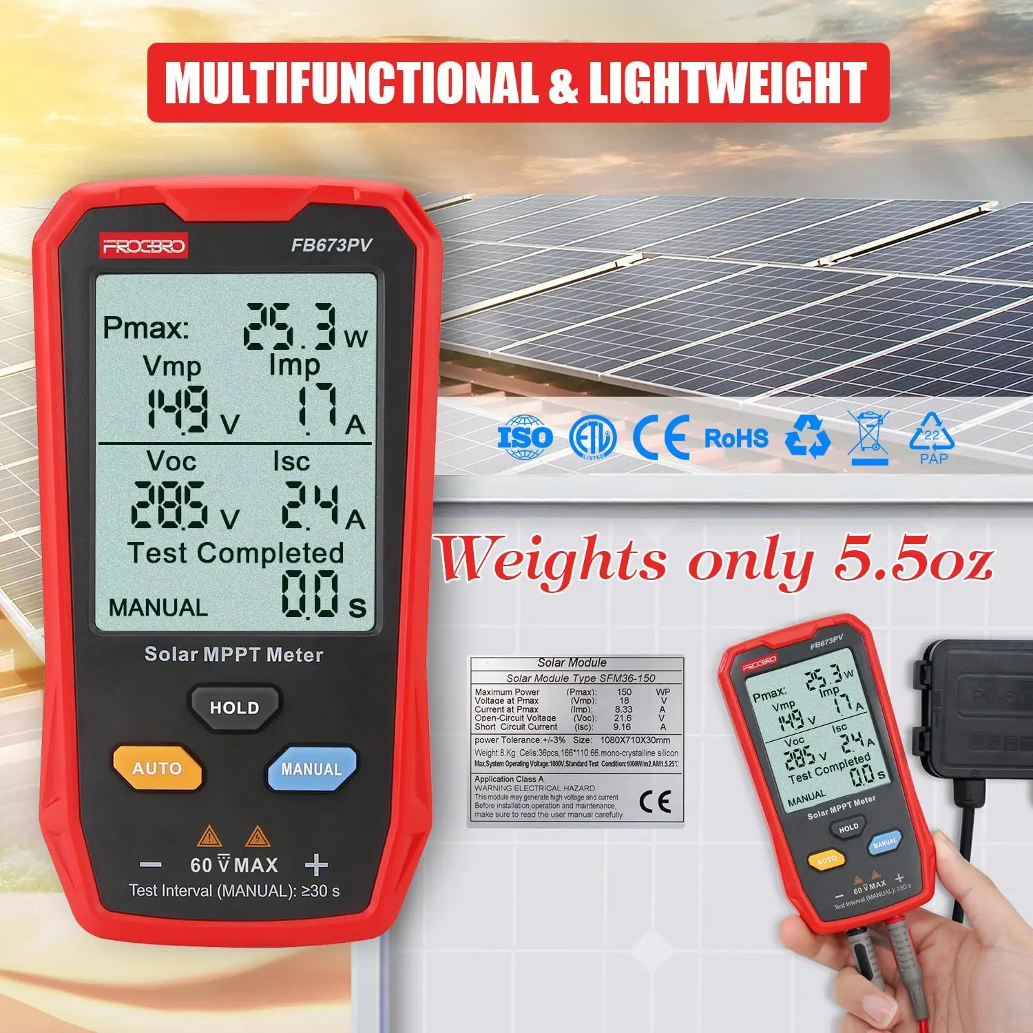 Imagem -02 - Medidor de Testador de Painel Solar Multímetro Fotovoltaico 800w Medidor Mppt com Lcd Solução de Problemas de Tensão de Circuito Aberto Mppt para Teste Fotovoltaico
