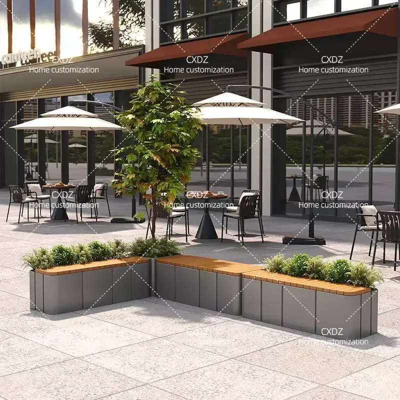 Outdoor Stainless Steel Flower Box with Wrought Iron Stool Commercial Square Planter Partition Fence Seating Combination