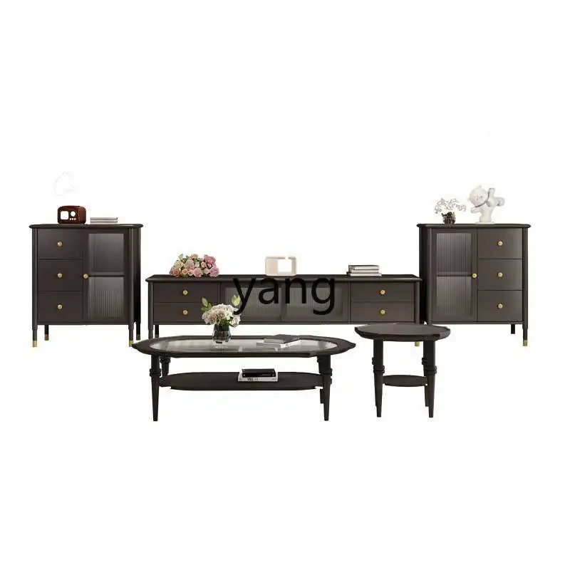 LMM cream TV wind solid wood coffee table TV cabinet combination French retro