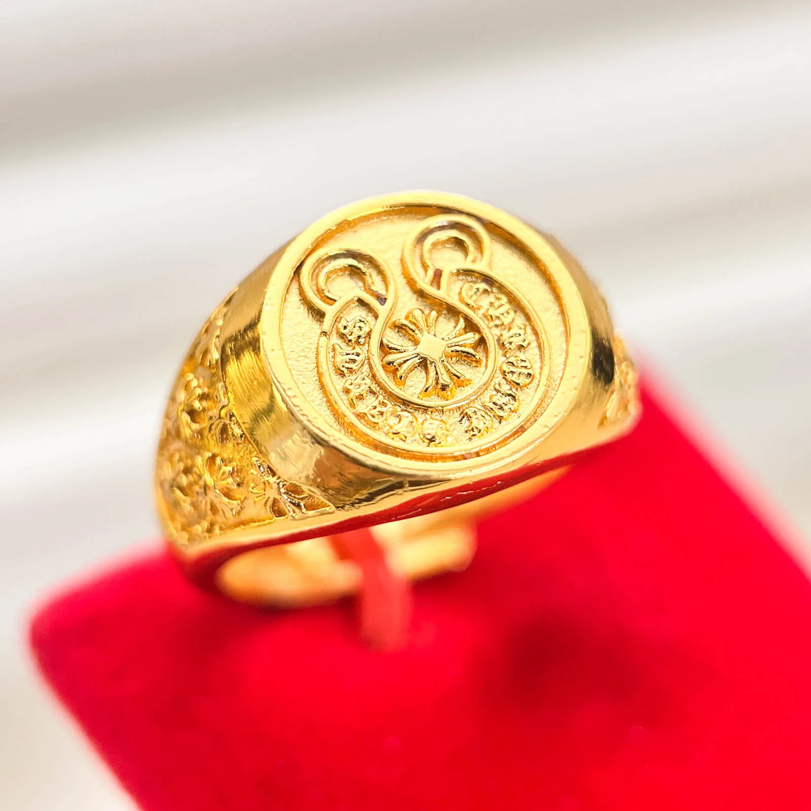 Men women cross flower adjustable gold ring of AU999 24K pure gold, smooth polished edges, flexible opening easy to wear