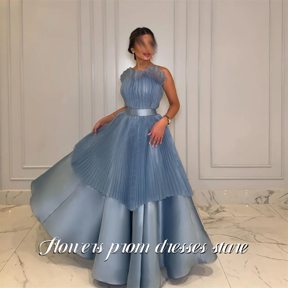 

Flowers Blue Formal Gown with Pleated Chiffon Overlay Prom Dresses Satin Waistband Evening Dress A Line Modern Style Customized