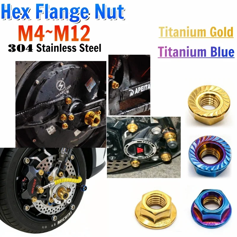 Beicai M4 M5-M12 Flange Hex Nuts Blue/Gold SUS304 Stainless Steel Hexagon Serrated Lock Spinlock Flange Nut For Motorcycle Bike