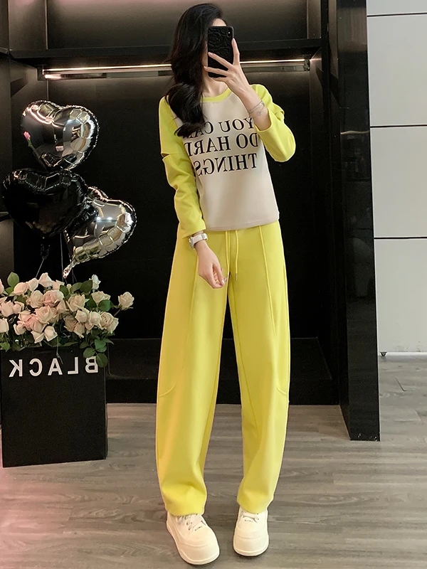 Retro Hong Kong Style Casual Set Women's Long Sleeve Letter round Neck Sweatshirt Yellow Wide Leg Pants Two Piece Set
