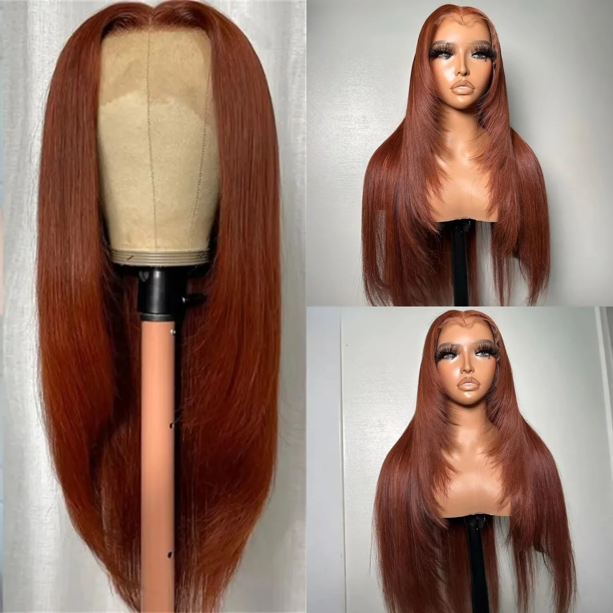 Reddish Brown Synthetic 13x4 HD Lace Front Wig Straight Layered Medium Part Natural Looking Colored Lace Wig for Women Party Use