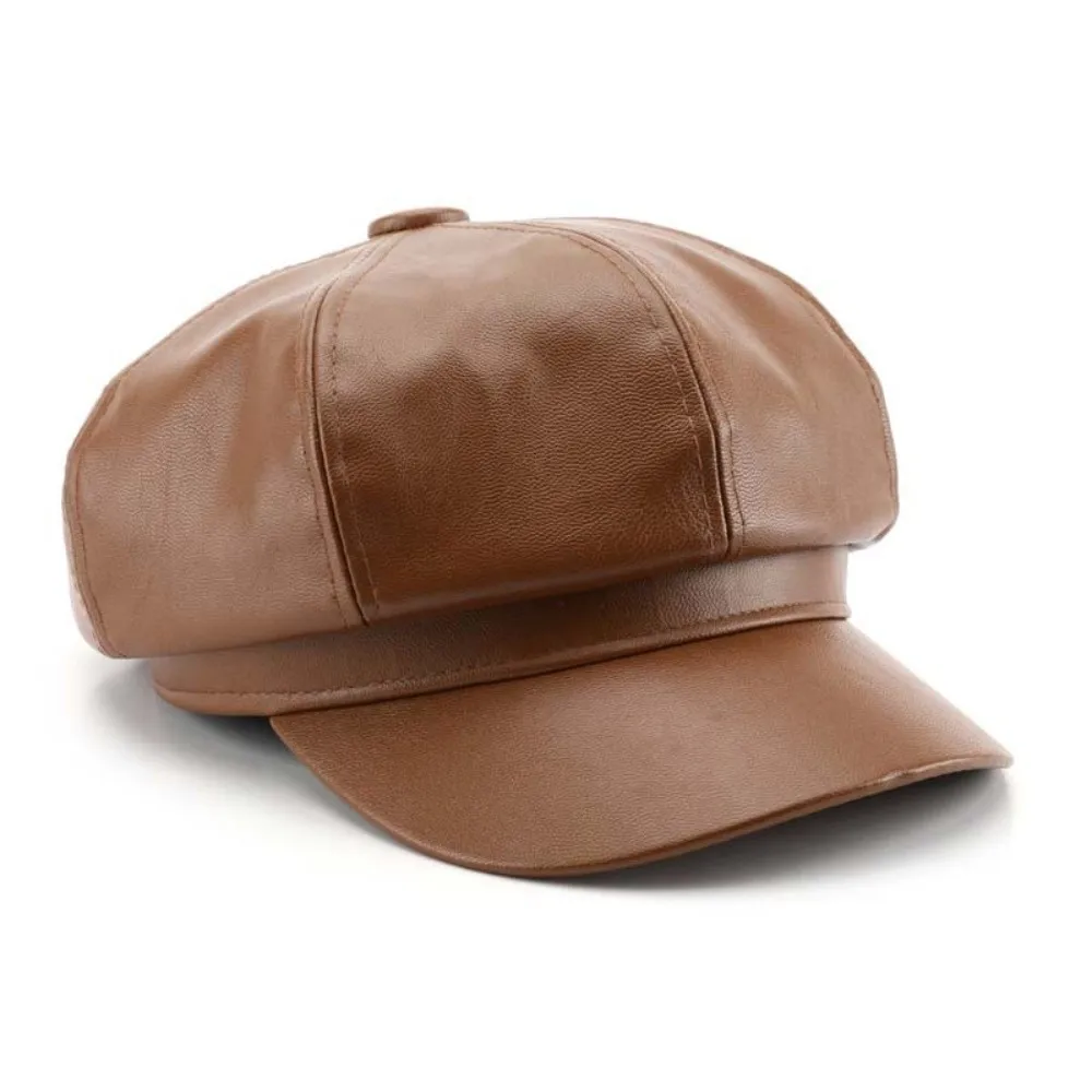 

JK Solid Color Vintage PU Beret Cap Keep Warm British Korean Leather Painter Hat Fashion Retro Unisex Plain Hat Daily
