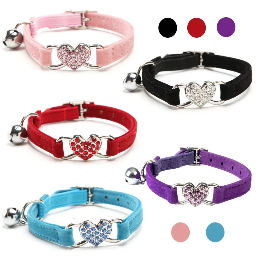 Heart Charm and Bell Cat Collar Safety Elastic Adjustable with Soft Velvet Material 5 colors pet Product small dog collar Gatos