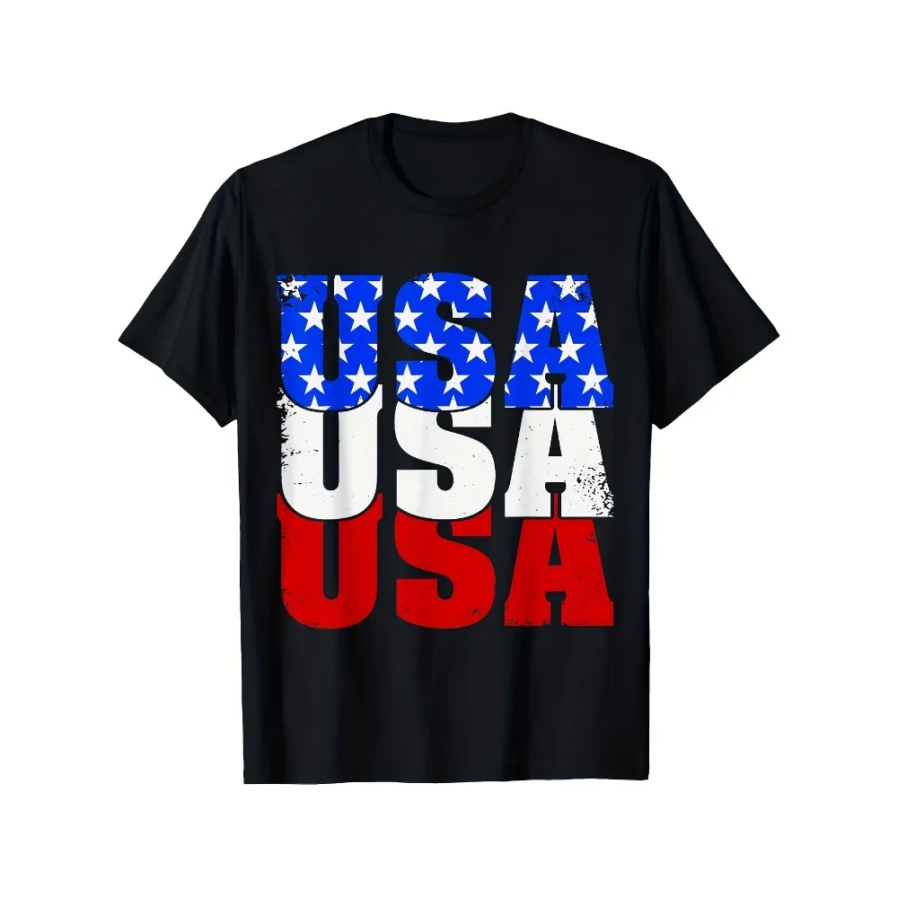 Unisex American Patriotic Pattern Tshirt Black Base with Bold Red and Blue Pattern Casual Round Neck Shirt Suitable for Daily Wearing in Any Season Comfortable Pattern Tshirt Local Warehouse SRetro Casual Short-sleeved T-shirt with a Round Neck