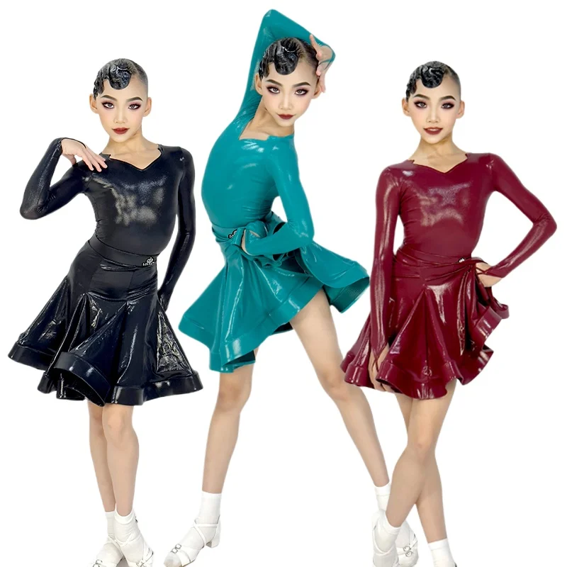 9 Colors Bright Leather Long Sleeved Latin Dance Dress Children'S Ballroom Dance Performance Clothes Girls Party Dresses SL9328