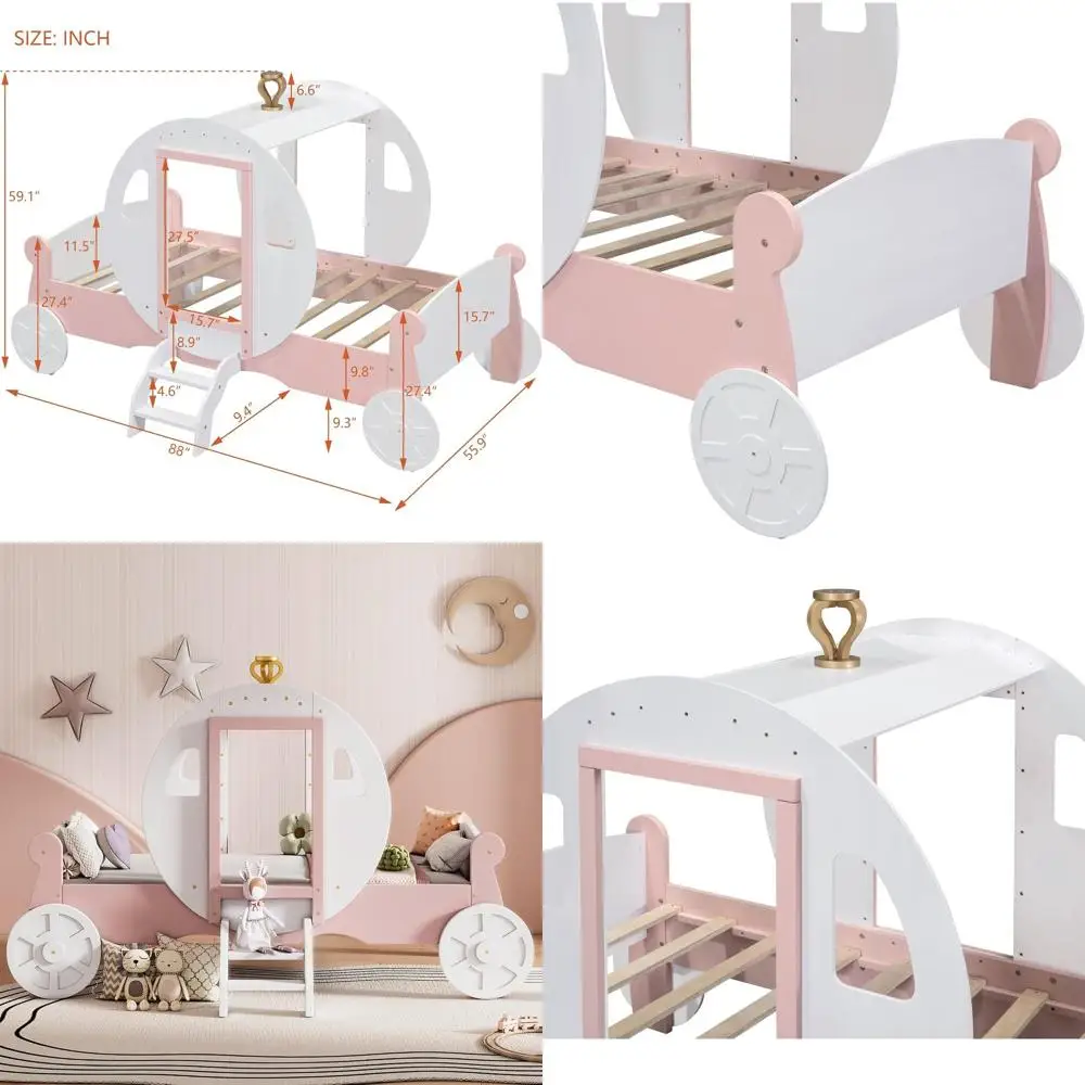

Pink & White Princess Carriage Bed with Stairs and Wheels, No Box Spring Required for Girls
