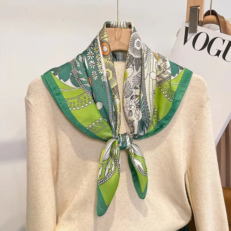 

Women's Green Floral Print Satin Square Scarf, Faux Silk Hair & Neck Scarf, Bohemian Vintage Office Accessory