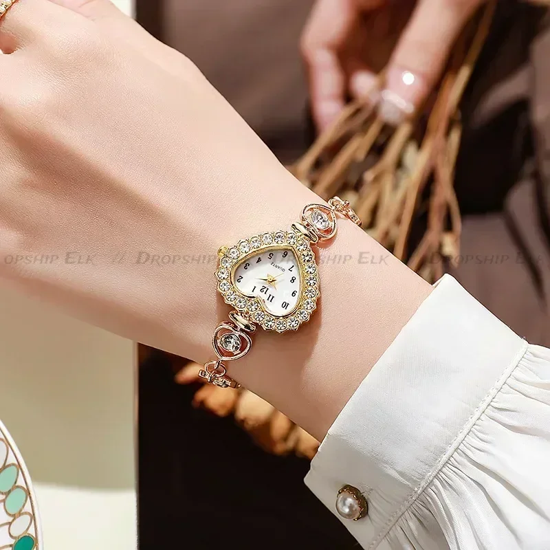 Новые женские часы со стальным ремнем в форме сердца с бриллиантами, модные универсальные часы-браслет высокой красоты, повседневные часы