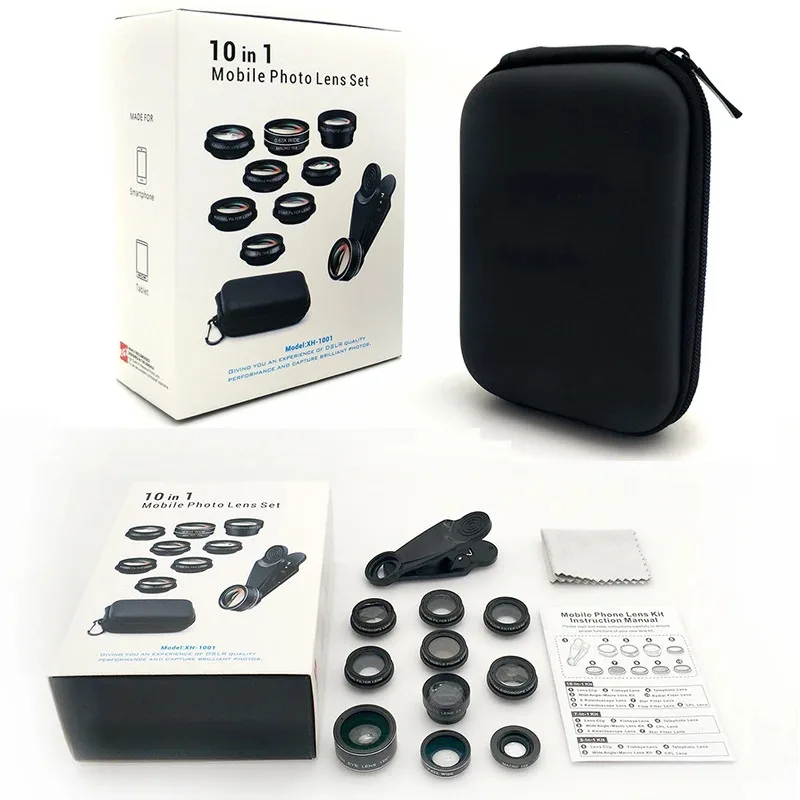 Telefonlinsen-Kit universell 10/7/5 in 1 Fisheye Weitwinkel Makroobjektiv CPL Filter Kaleidoskop 2X Teleskopobjektiv für Smartphone