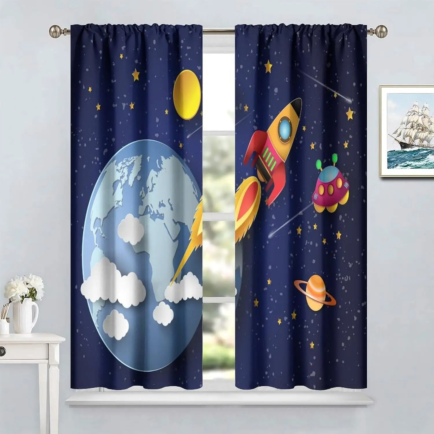 Cartoon Children's Curtains Kids  Bedroom Galaxy Adventure Theme Planet Rocket Pattern Children's Room Blackout Heat Insulation