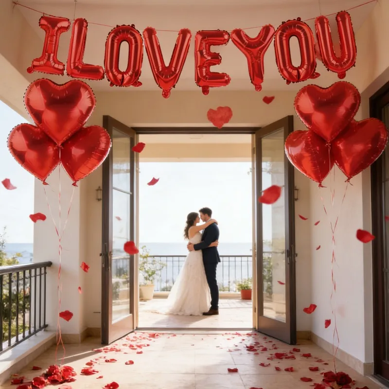 Valentinstag-Ballon-Set mit rotem Herz, aufblasbarer Aluminiumfolienballon mit rotem simulierter Seidenblütenblatt, Geburtstags- und Hochzeitsdekoration