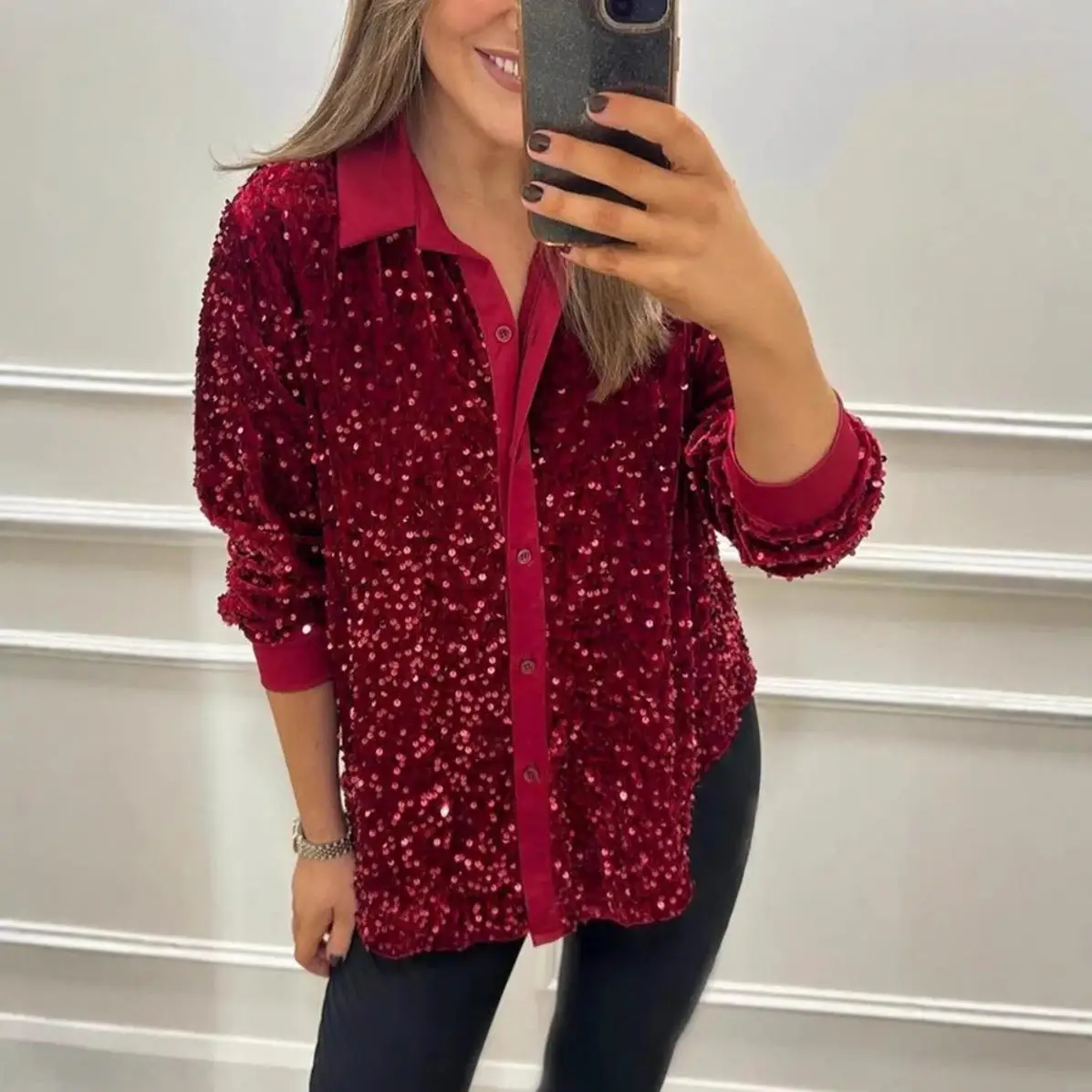 

Women's Sequined Shirt Top with Stand Collar Long Sleeve Commute Style Fashionable Glittering Elegant Female's Upperwear