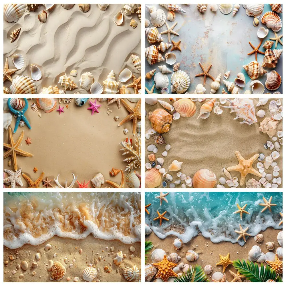Fondo de playa de verano, playa de arena, concha, Concha, estrella de mar, fiesta de cumpleaños, retrato de vacaciones para bebés y niños, fondo de fotografía