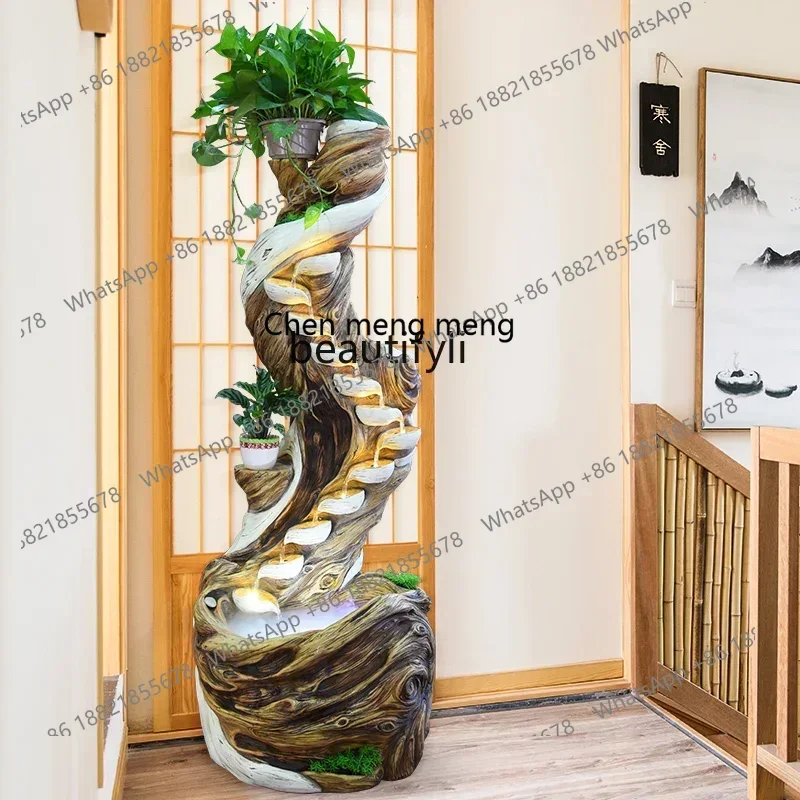 Floor-standing wood carving running water fountain ornaments living room stair corner circulating water fish pond landscaping