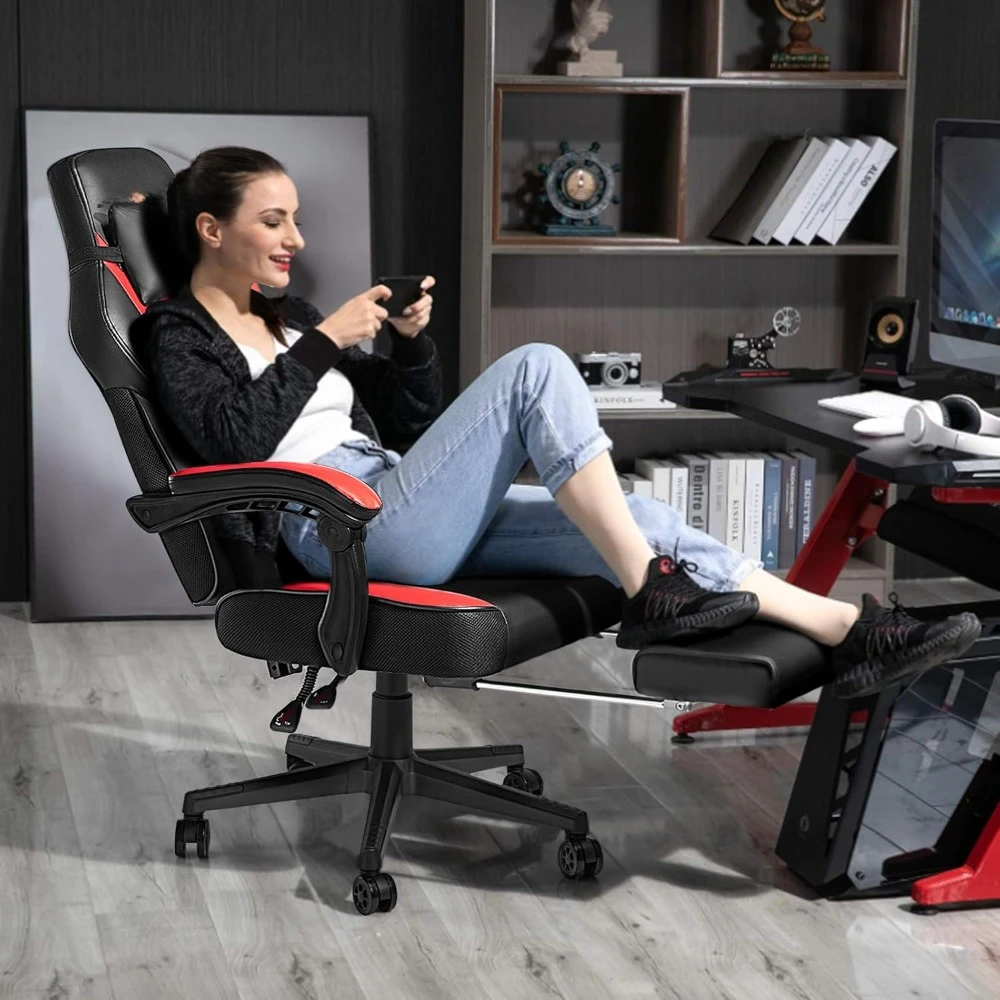 Electronic Gaming Chair with Footstool, Adult Tall Gaming Chair, Racing Style Computer Chair, Headrests and Lumbar Support