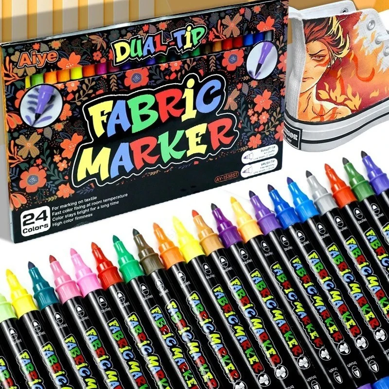 

24 Colors Dual-Tip Fabric Markers Fabric Markers Permanent for Clothes Fabric Paint Pens for Shirts Bags Hats Canvas Textiles