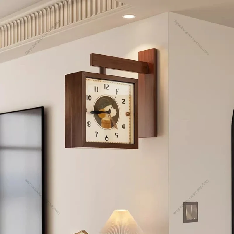 American Solid Wood Double-sided Wall Clock Modern Fashion High-end Living Room Wall Clock Designer Home Decor ساعة الحاءط FYWC