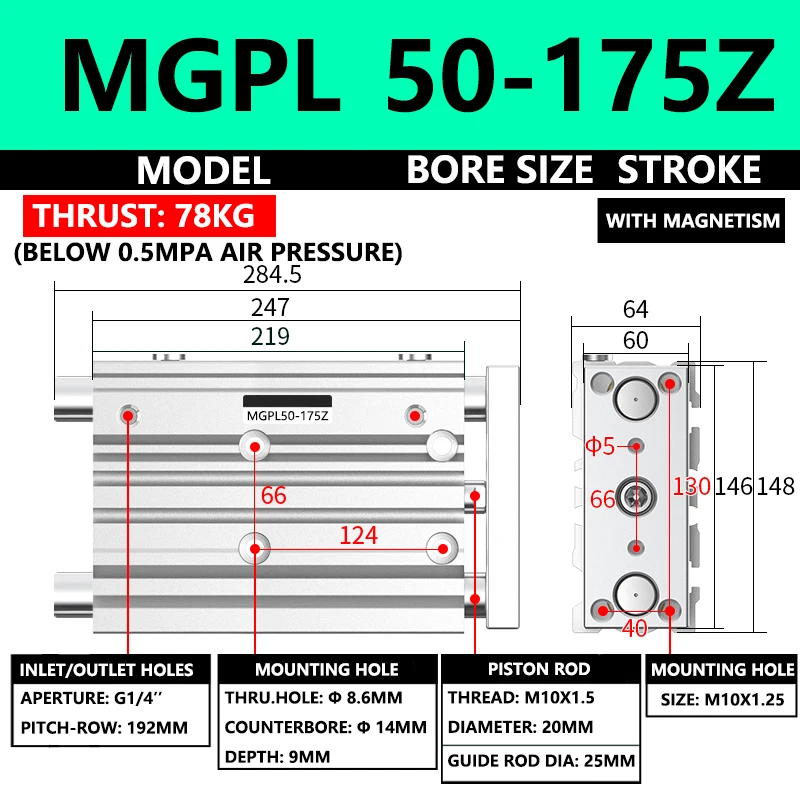 ABILKEEN MGPL50-175Z Pneumatic Compact Guide Cylinder 50MM Bore X 175MM Stroke Three Axis Three Rod Thin Pneumatic Air Cylinder