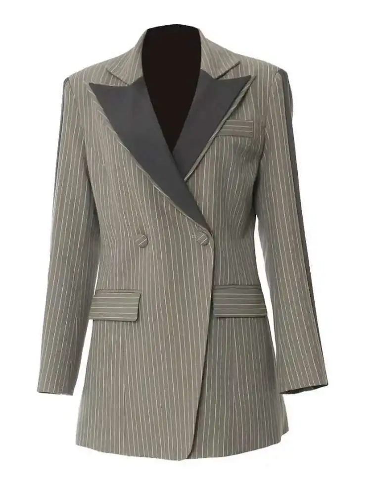 BJTZ 여성용 옷깃 정장 슬림 피트 패션 스트레이트 코트 스트라이프 패치 워크 포켓 디자인 자켓 2025 봄, 가을 새로운 스타일