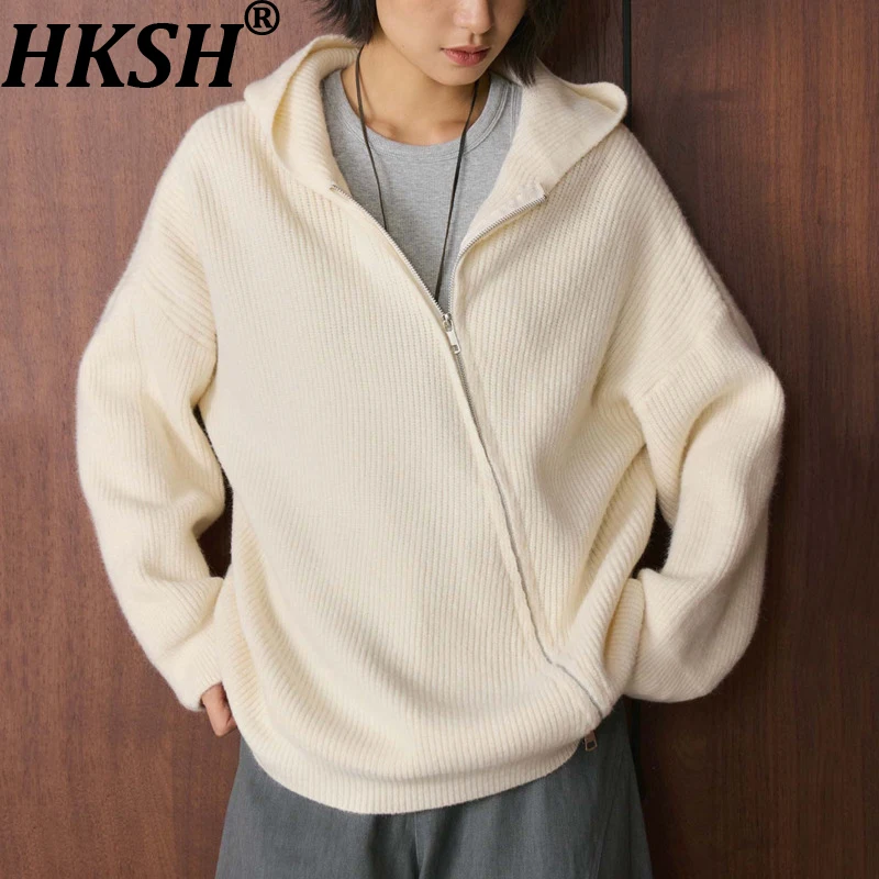 

HKSH осень-зима новый женский свитер с капюшоном диагональная молния однотонный универсальный повседневный вязаный кардиган элегантное пальто HK15347