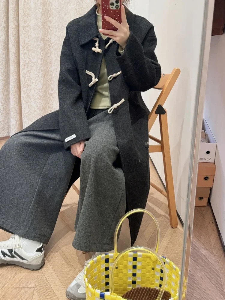 

Women's Double-Faced Woolen Coat 2024 Winter New Sle Horn Button Turn-down Collar Mid-Length Knitwear Jaet