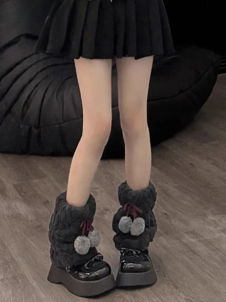 Fashion Bow Tie Leg Warmers White Ball Winter Warm Thickened Plush Leggings Socks Cold Protective Japanese Y2k Boots Cover Socks