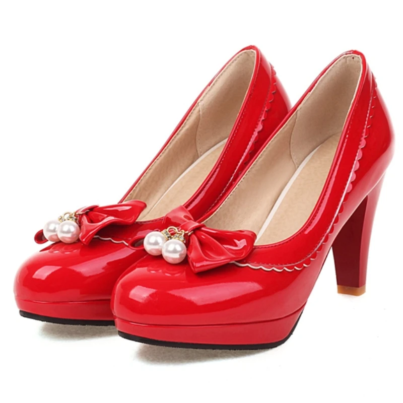 Sweet Bow High Heels Pumps Lolita Shoes for Women Big Size Fashion Red Green White Elegant Heeled Wedding Dress Dance Shoes Lady