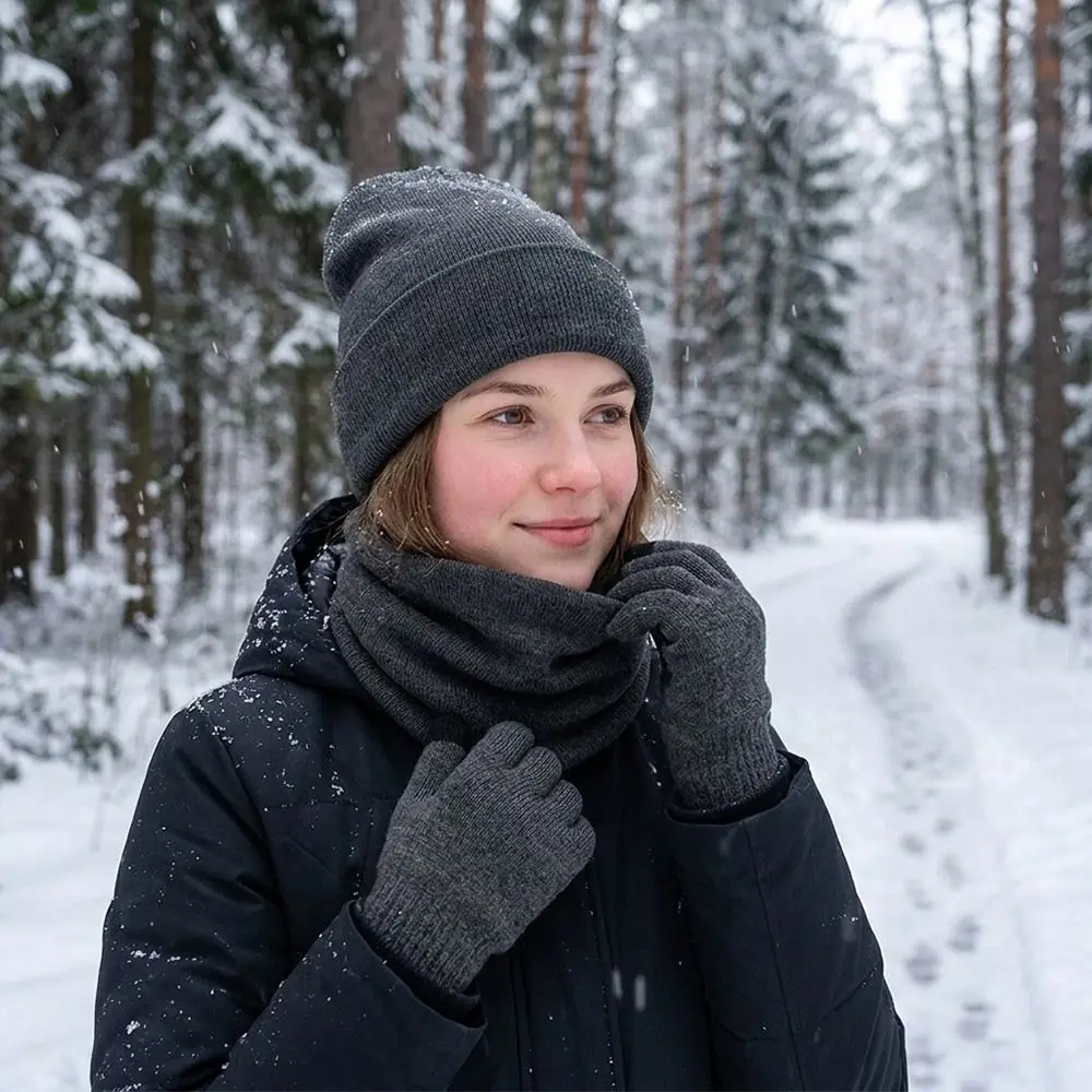 3Pcs/Set Warm Winter Hat Scarf Gloves Set Thicken Windproof Knit Beanie Snood Set Soft Elastic Touchscreen Gloves for Men Women