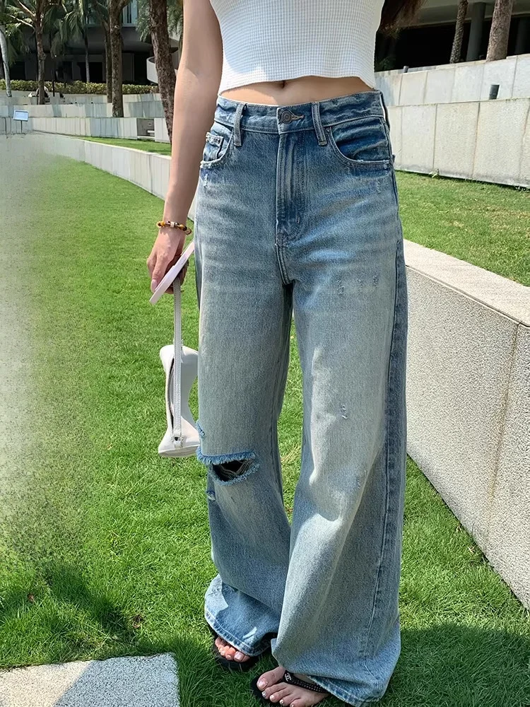 

EKOOL Широкие джинсы с высокой талией, женские летние новые свободные универсальные джинсы прямого кроя, повседневный дизайн с отверстиями на водной талии