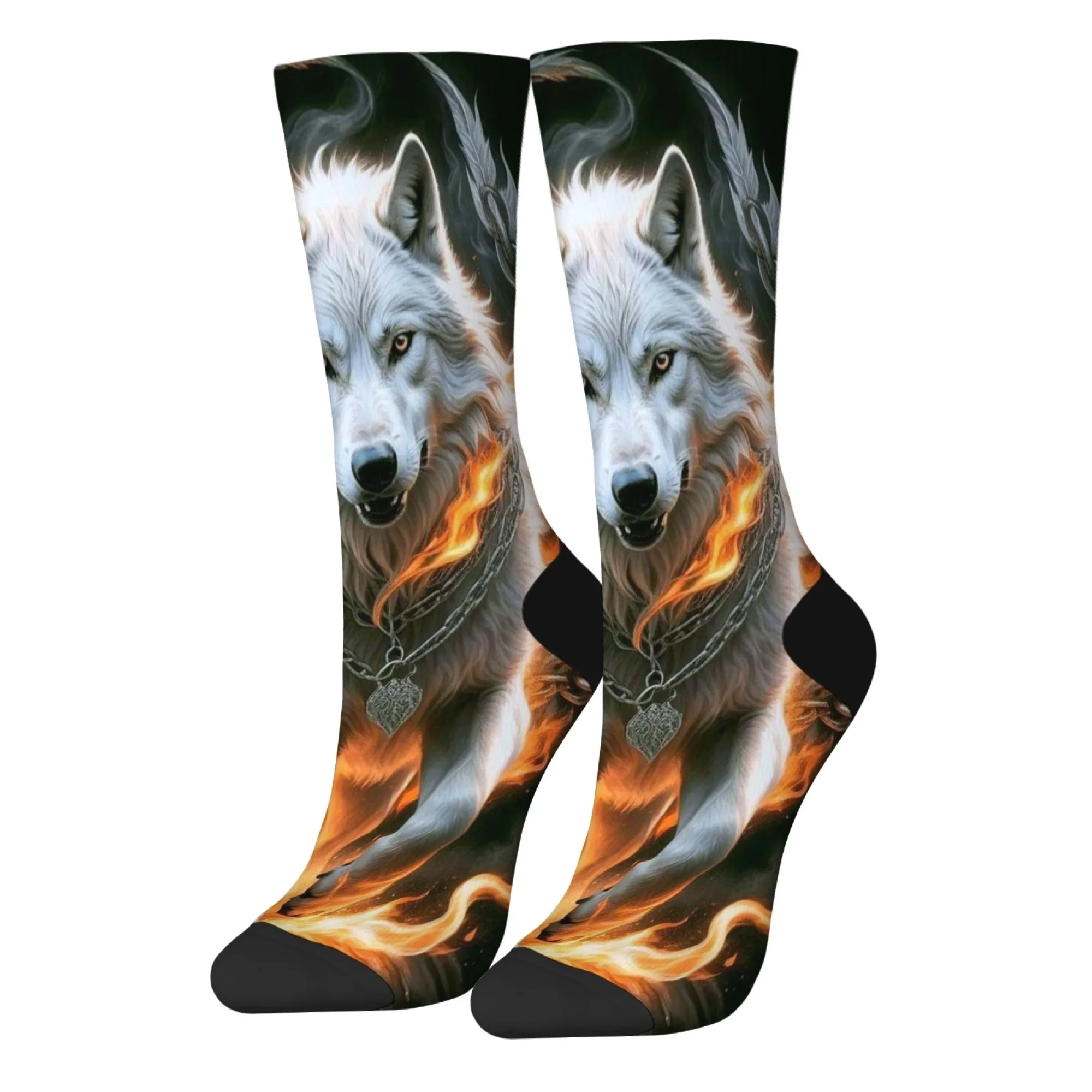 Flame White Wolf Men's Socks Retro Fashion Casual Socks Crazy Street Hip-Hop Socks Breathable Anti-Slip Outdoor Sports Socks