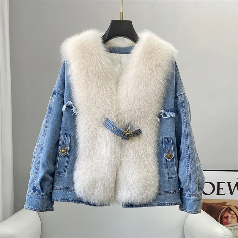 Winter Real Fox Fur Demin Coat Jacket Female Duck Down Linging Coats Lady Over Size Parka Trench CT2108