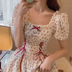 Cute Florals Dress Women Vintage Cottagecore Y2k Puff Sleeve Square Collar Lace-up High Waist Corset Dress Female