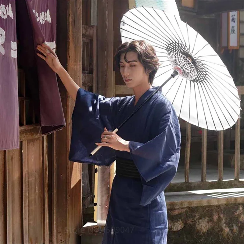 Cotone Kimono giapponese Haori Sleepwear for Samurai Men Haori Yukata Obi abbigliamento Set tradizionale Yukata pigiama camicia da notte Jinbei