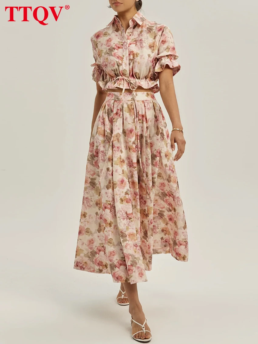 

TTQV Summer Loose Print Trousers Sets Woman 2 Pieces 2026 Fashion Short Sleeve Crop Top With High Waist Long Skirt Set Female