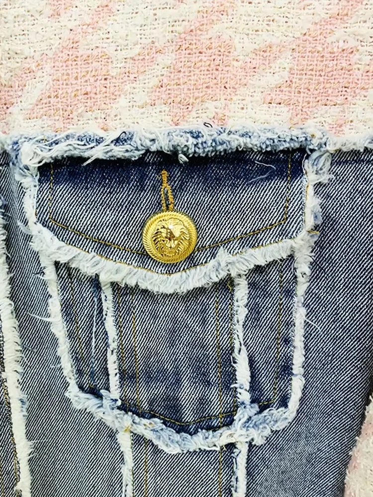 Newest 2024 Designer Fashion Women\'s Lion Buttons Houndstooth Tweed Denim Patchwork Tassel Fringed Jacket