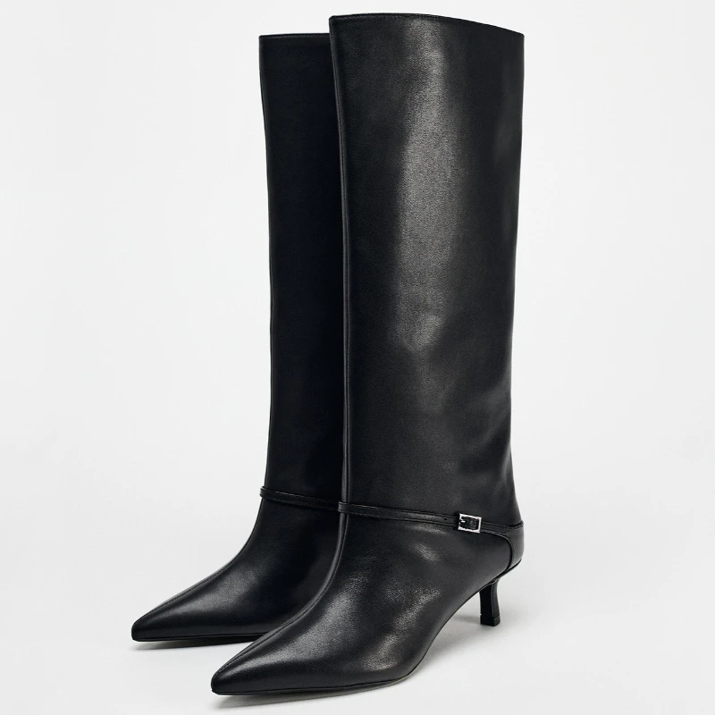 

Sexy Pointed-Toe Winter Knee-High Boots Women British Style Kitten Heel Rider Boots Buckle Design Low Thin-Heel Designer Boots