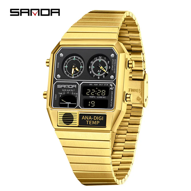 SANDA 3192 Quadratische elektronische Uhr für junge Männer, lässige multifunktionale Armbanduhr mit Thermometer, Stoppuhr, Chronograph