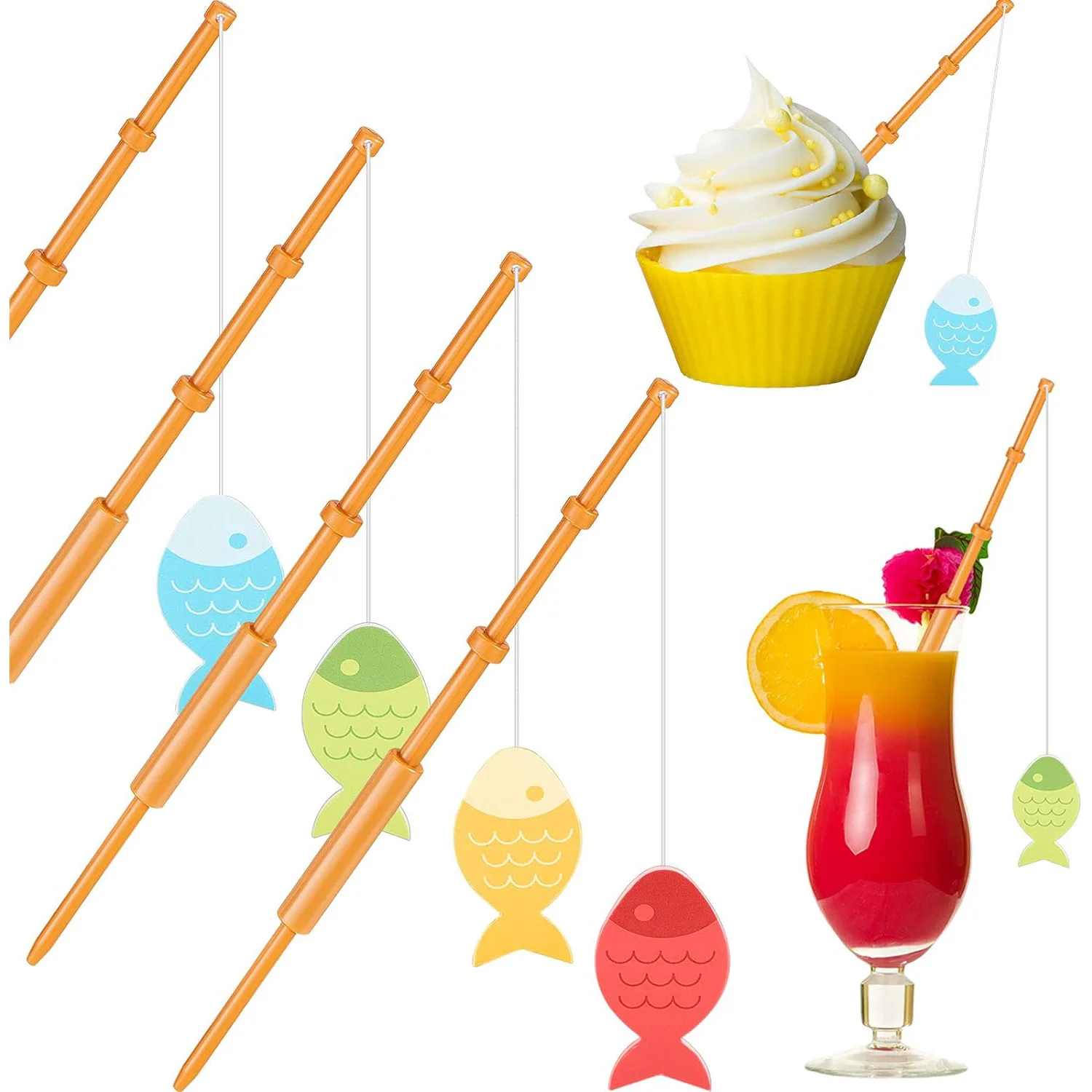 14 Stück Fischer-Themen-Dekor zum Angeln, Kuchenaufsatz mit Angelsilhouette, Angelausrüstung, Seegras für den Ruhestand, Partyzubehör – Detail 7
