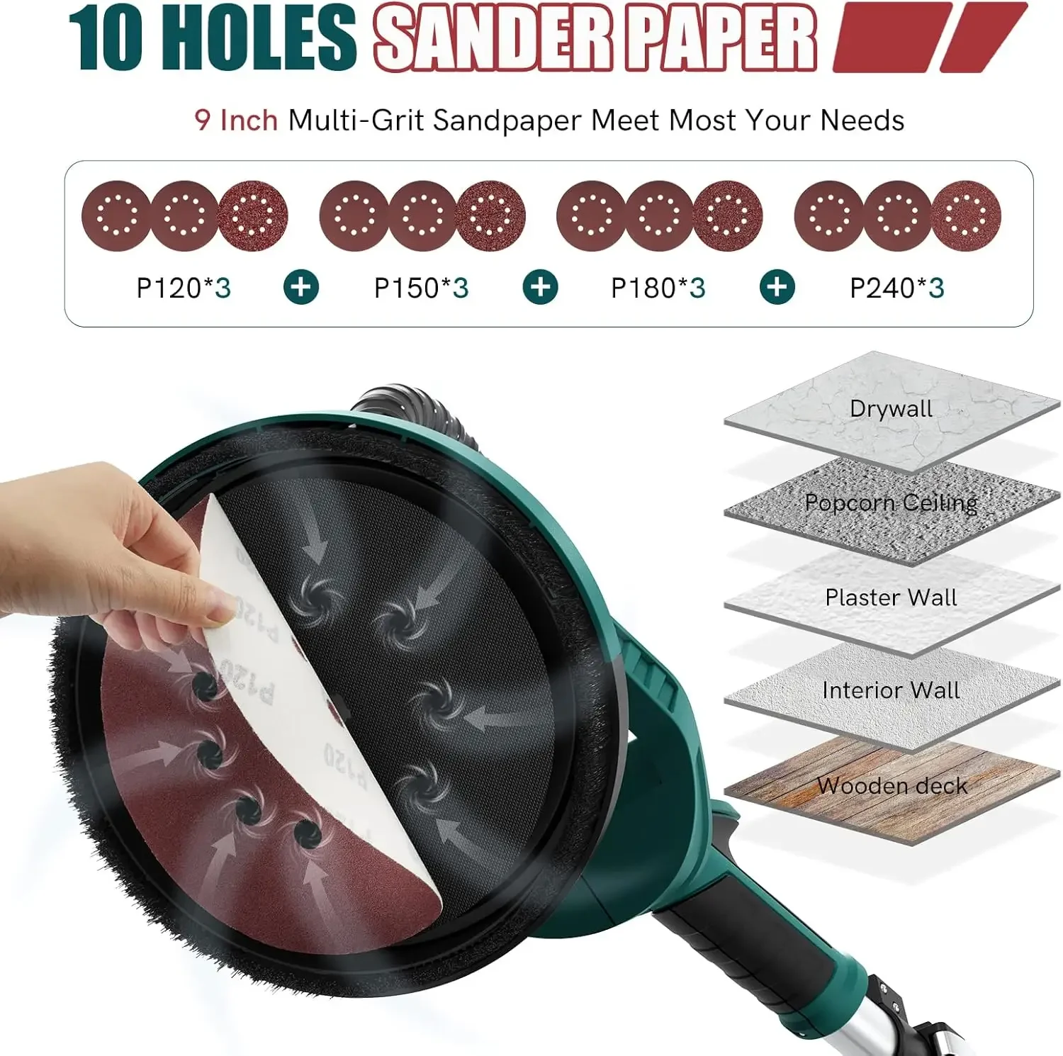 MASTER Drywall Sander, Electric Drywall Sander Variable Speed Pole Sander with Vacuum, 900-1800RPM Foldable Ceiling Sander with