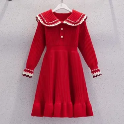 2023 Autumn Winter Teenagers Girls Kids Knit Sweater Dresses Princess button clothes new year christmas 4 5 6 7 8 9 10 11 year