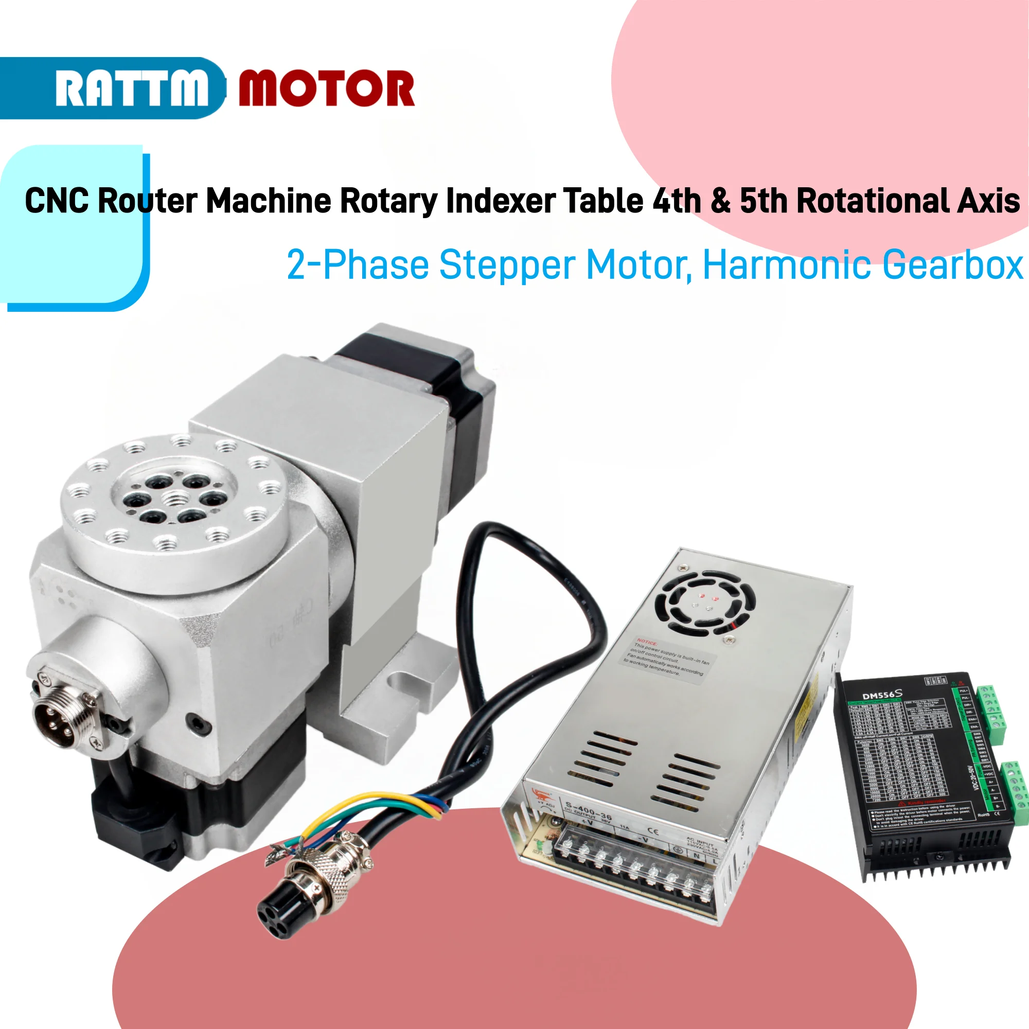 

CNC 4th 5th A C Axis Rotary Axis Harmonic Drive Reducer Gearbox Dividing Head Speed Reduction Ratio 50:1 NEMA23 57 Stepper Motor