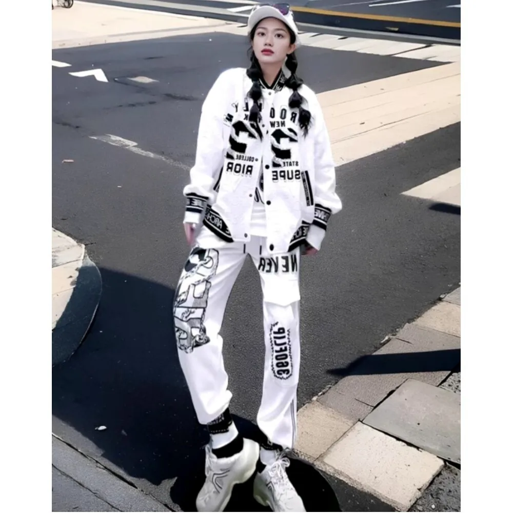 

Fashion Pant Set Women Loose Fit Letter Print Jacket + Top + Elastic Waist Harem Pants Three Piece Set 2024 Autumn ZF157