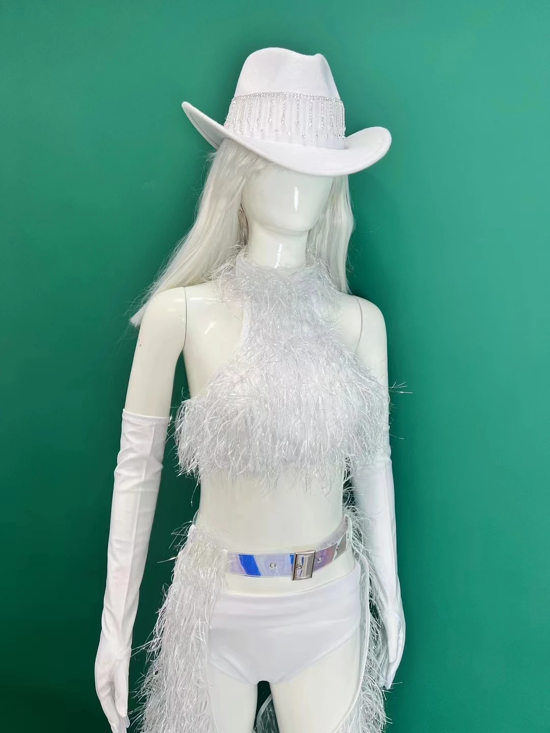 Traje de baile Gogo Sexy para mujer, equipo de bailarina y cantante, Tops de felpa blancos, pantalones, conjunto de sombrero, Bar, club nocturno, DJ DS, trajes de actuación Rave