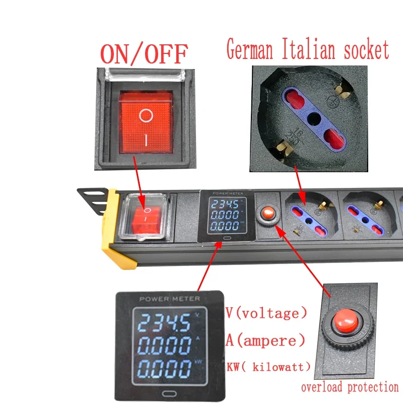 PDU power strip network cabinet rack 1-10 AC German Italian socket 2M line 360 rotating bracket  ammeter overload protection